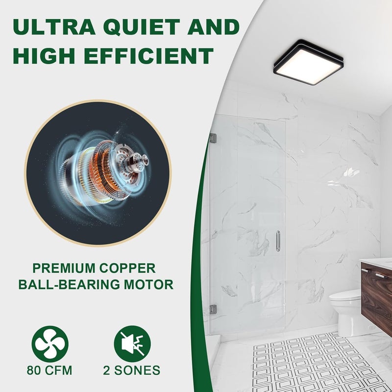 Akicon Bathroom Exhaust Fan with Light, 80CFM 2.0 Sones Exhaust Fan for Bathroom Ceiling, 15W Dimmable 3CCT LED Lights & 3.5W Nightlight Vent Fan for Home, Shower Room, Square, Black - Image 2